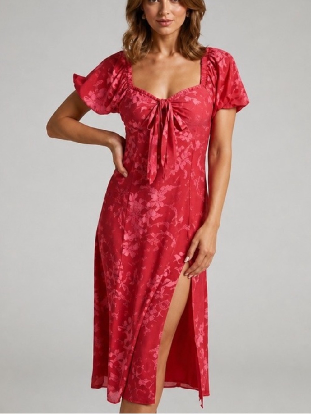 Showpo Red Floral Tie-Front Puff Sleeve Midi Dress